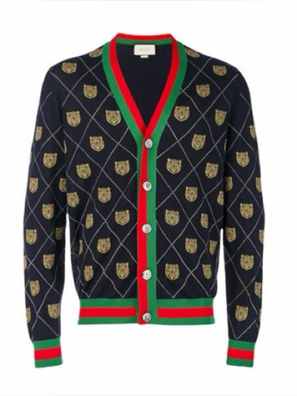 Gucci V Neck Web Tiger Button Cardigan Wool Sweater Men's Size Small Navy Blue